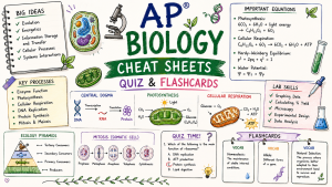 Hand-drawn AP Biology cheat sheets image with cell diagrams, photosynthesis, cellular respiration, genetics, ecology, quiz practice, and flashcards