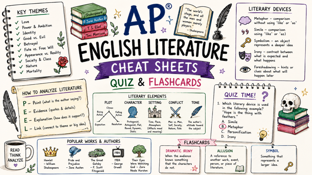 Hand-drawn AP English Literature cheat sheets image with literary devices, key themes, analysis notes, quiz practice, and flashcards