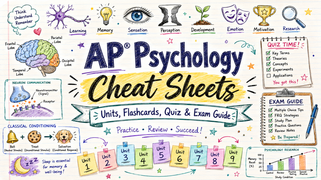 Hand-drawn AP Psychology cheat sheets image with units, flashcards, quiz checklist, brain diagram, and exam guide notes