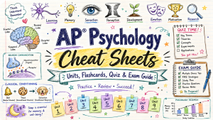 Hand-drawn AP Psychology cheat sheets image with units, flashcards, quiz checklist, brain diagram, and exam guide notes