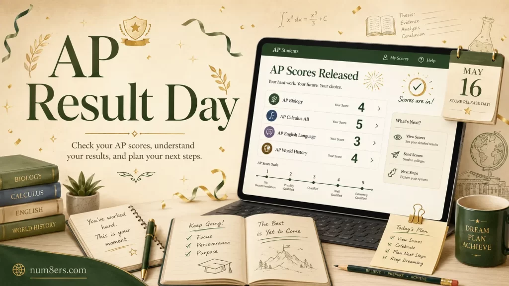 AP Result Day 2026 guide showing July 6 score release, June 15 cancellation deadline, and June 20 free score send deadline