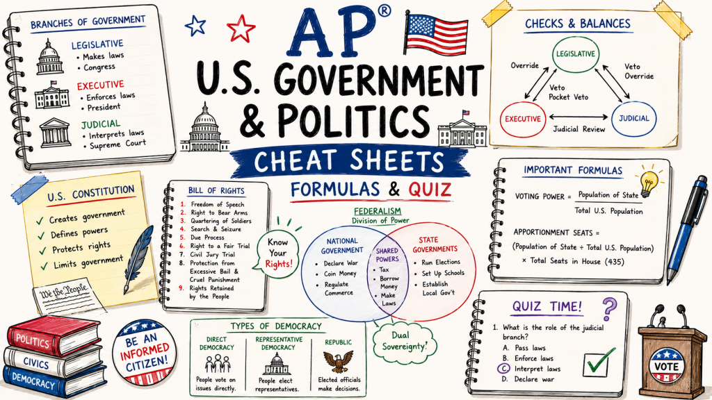 Hand-drawn AP U.S. Government and Politics cheat sheets image with branches of government, Constitution notes, Bill of Rights, federalism, checks and balances, formulas, and quiz practice