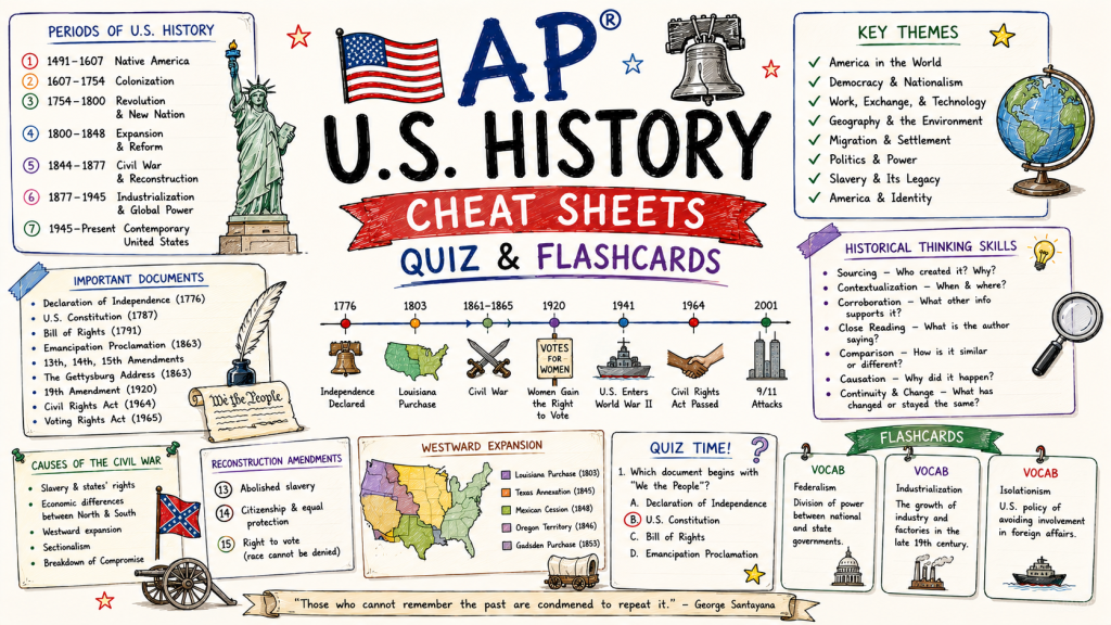 Hand-drawn AP US History cheat sheets image with historical periods, timeline, key documents, themes, quiz practice, and flashcards