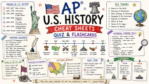 Hand-drawn AP US History cheat sheets image with historical periods, timeline, key documents, themes, quiz practice, and flashcards