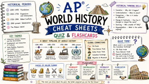 Hand-drawn AP World History cheat sheets image with historical periods, key themes, timeline, global connections, quiz practice, and flashcards