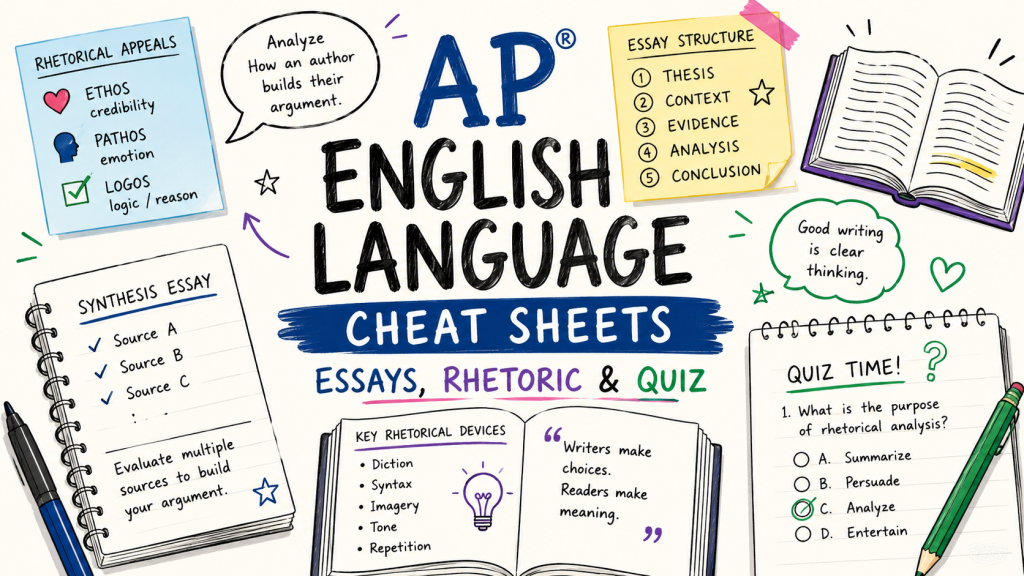 Hand-drawn AP English Language cheat sheets image with essay structure, rhetorical appeals, synthesis notes, and quiz practice