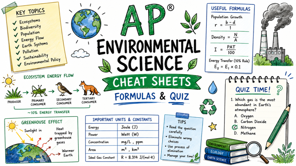 Hand-drawn AP Environmental Science cheat sheets image with key topics, formulas, ecosystem energy flow, greenhouse effect, and quiz notes