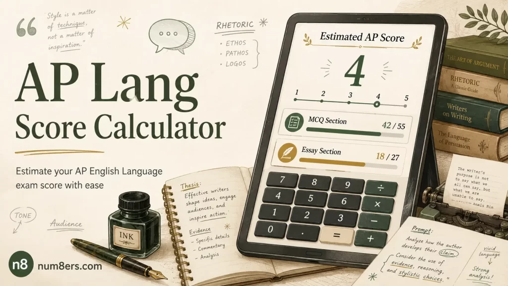 AP Lang score calculator 2026 showing MCQ, synthesis, rhetorical analysis, and argument essay points with a predicted 1 to 5 score