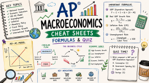 Hand-drawn AP Macroeconomics cheat sheets image with GDP formulas, AD-AS model, business cycle, key indicators, and quiz notes