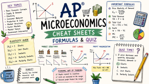Hand-drawn AP Microeconomics cheat sheets image with supply and demand graph, elasticity guide, cost curves, market structures, formulas, and quiz notes