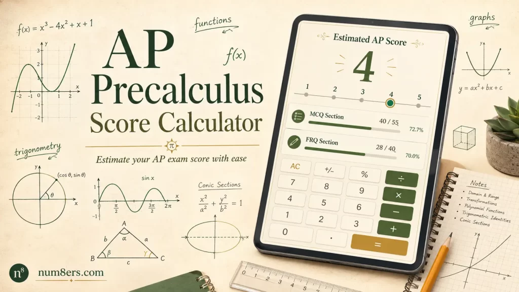 AP Precalculus score calculator for 2026 showing MCQ, FRQ, composite score, and predicted AP score from 1 to 5