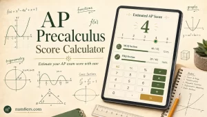 AP Precalculus score calculator for 2026 showing MCQ, FRQ, composite score, and predicted AP score from 1 to 5