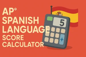 AP Spanish Language Score Calculator 2025 cover – bold cream text on red, Spanish flag and grey calculator icon with score 5