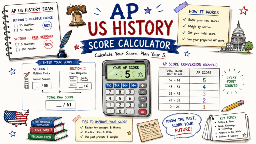 Hand-drawn AP US History score calculator image with exam sections, raw score inputs, score conversion table, calculator, and study tips