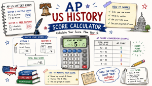 Hand-drawn AP US History score calculator image with exam sections, raw score inputs, score conversion table, calculator, and study tips