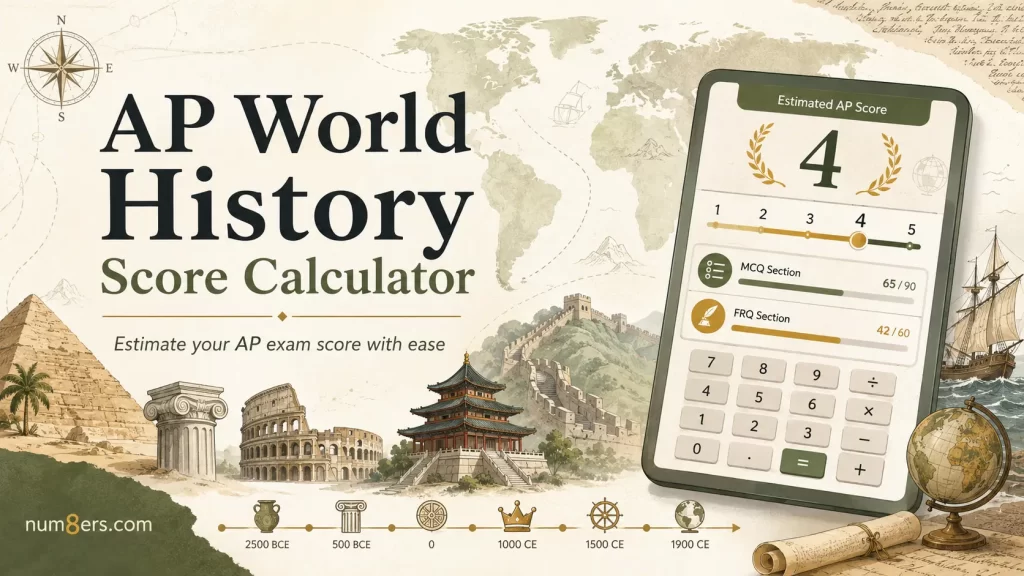 AP World History score calculator 2026 showing MCQ, SAQ, DBQ, and LEQ inputs with a predicted 1 to 5 score
