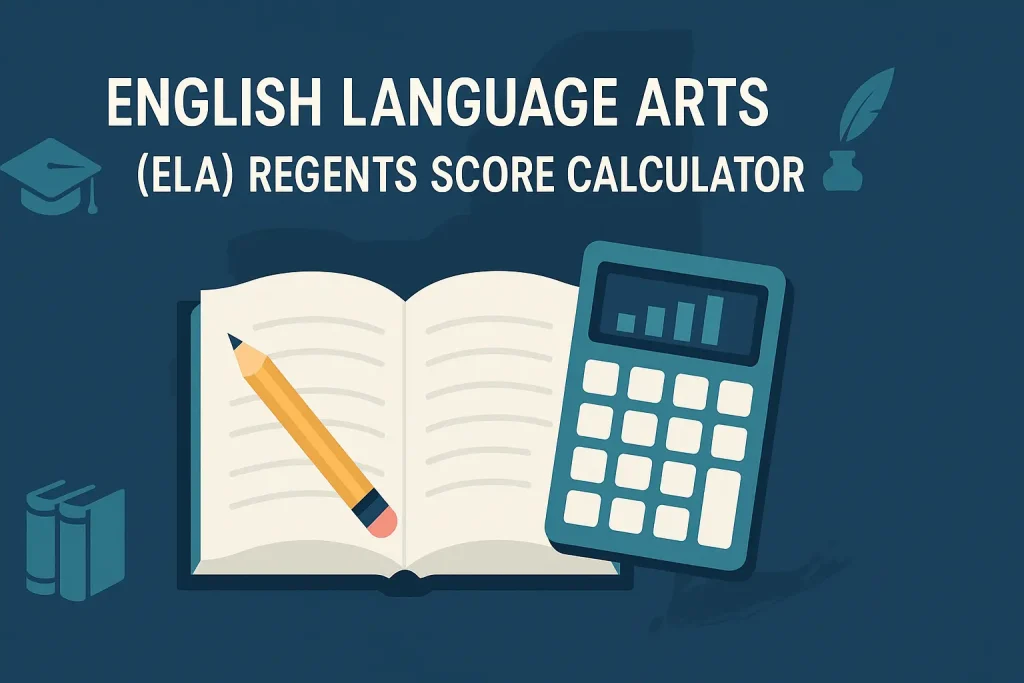 Flat-style illustration showing an open book with a pencil and a teal calculator, representing an English Language Arts (ELA) Regents score calculator.