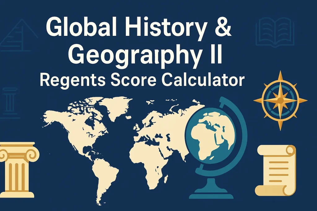 Flat illustration of a world map, globe, compass rose, and classical column under the heading “Global History & Geography II Regents Score Calculator.”