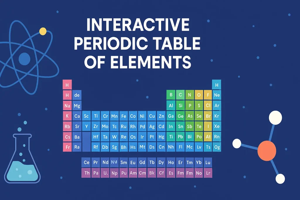 Colorful digital illustration of the periodic table with element blocks, atomic model, flask, and molecule on a blue space-themed background