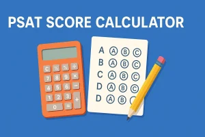 Illustration of PSAT score calculator with an orange calculator, answer sheet, and pencil on a blue background.