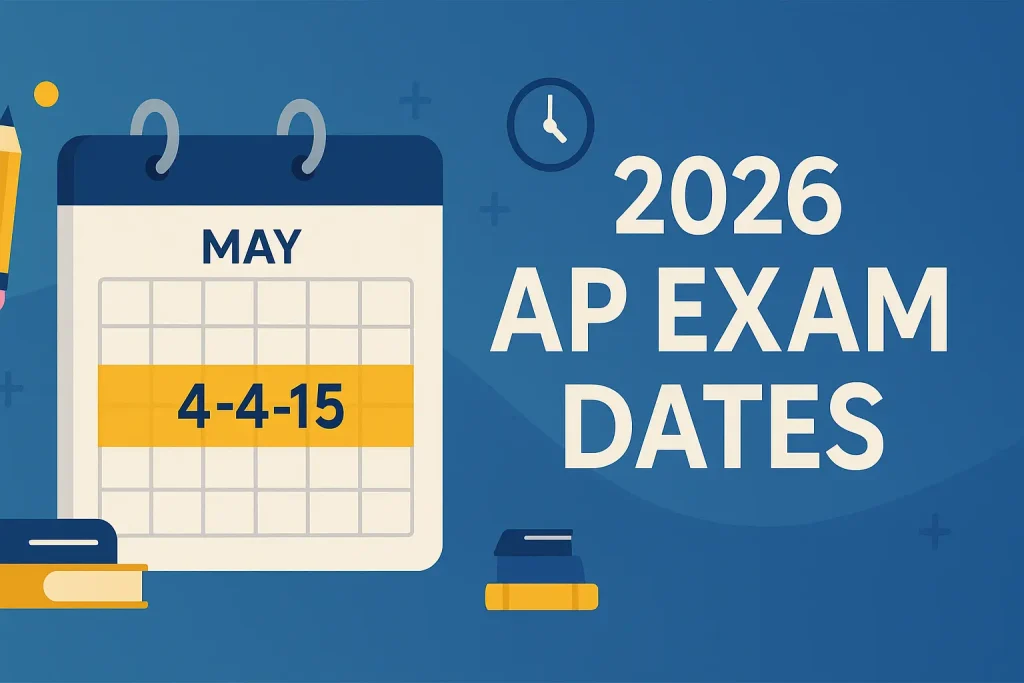 Calendar graphic highlighting May 4–15, 2026 AP exam dates with pencil, books and clock icons on blue background.