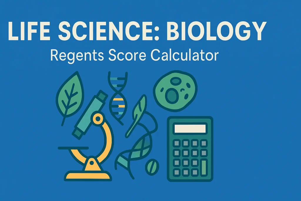 Flat-style biology-themed image showing a microscope, DNA strand, green leaves, a cell, and a calculator under the title “Life Science: Biology Regents Score Calculator.”