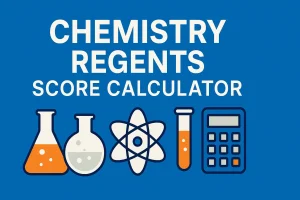 Flat-style illustration for Chemistry Regents Score Calculator with beaker, round-bottom flask, atom, test tube, and calculator on a blue background.