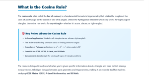Law of Cosine formula showing a² = b² + c² − 2bc cos(A) used to find sides and angles in any triangle with example diagram