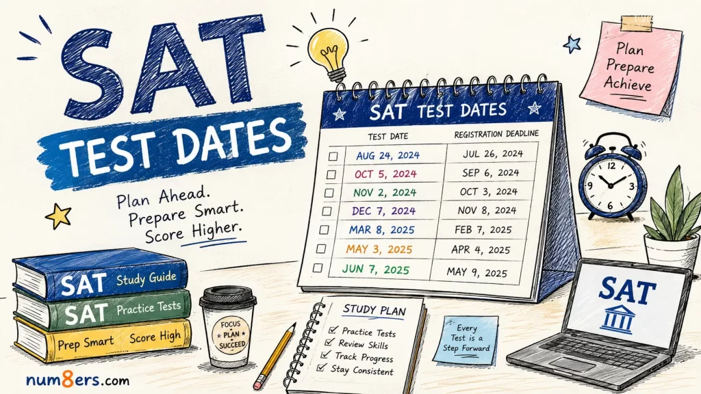 Hand-drawn SAT Test Dates illustration featuring a study calendar, SAT preparation books, registration deadlines, and study planning elements for students preparing for the SAT exam.