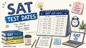 Hand-drawn SAT Test Dates illustration featuring a study calendar, SAT preparation books, registration deadlines, and study planning elements for students preparing for the SAT exam.