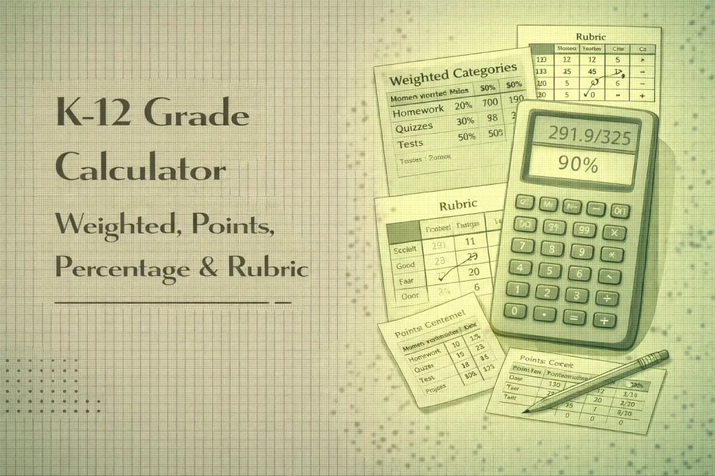 K-12 grade calculator calculating weighted grades points percentage and rubric scores for students