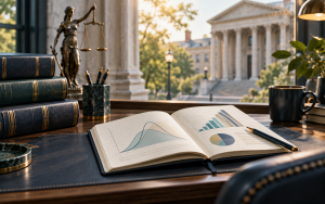 Law school study desk with books and an open notebook showing a score chart, illustrating the LSAT percentile guide for 2026–2027