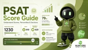 PSAT Score Guide infographic with NUM8ERS character, score scale, percentile rank, Math score, and Reading and Writing score cards.