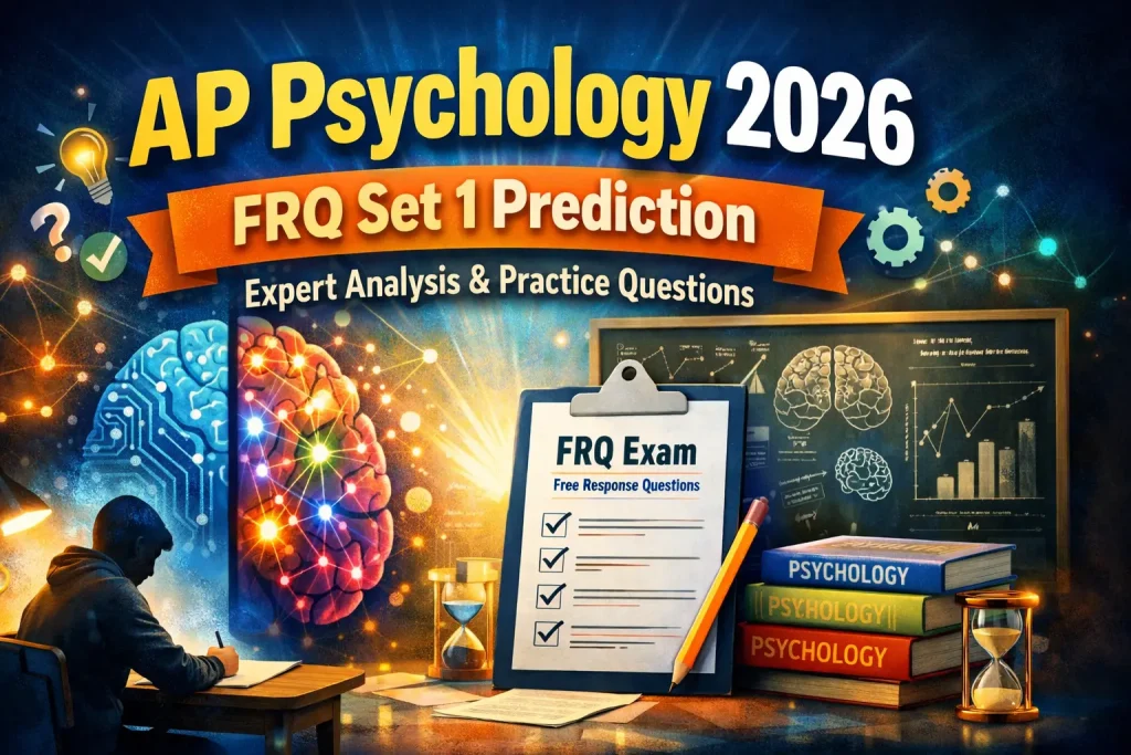 AP Psychology 2026 FRQ Set 1 prediction with expert analysis practice questions featuring brain diagram and psychology study materials
