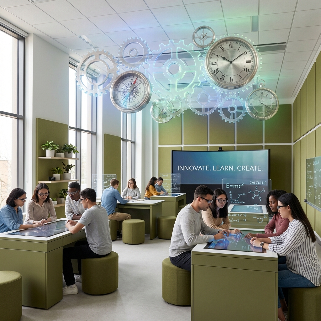 Modern innovative classroom at NUM8ERS with students engaged in collaborative learning