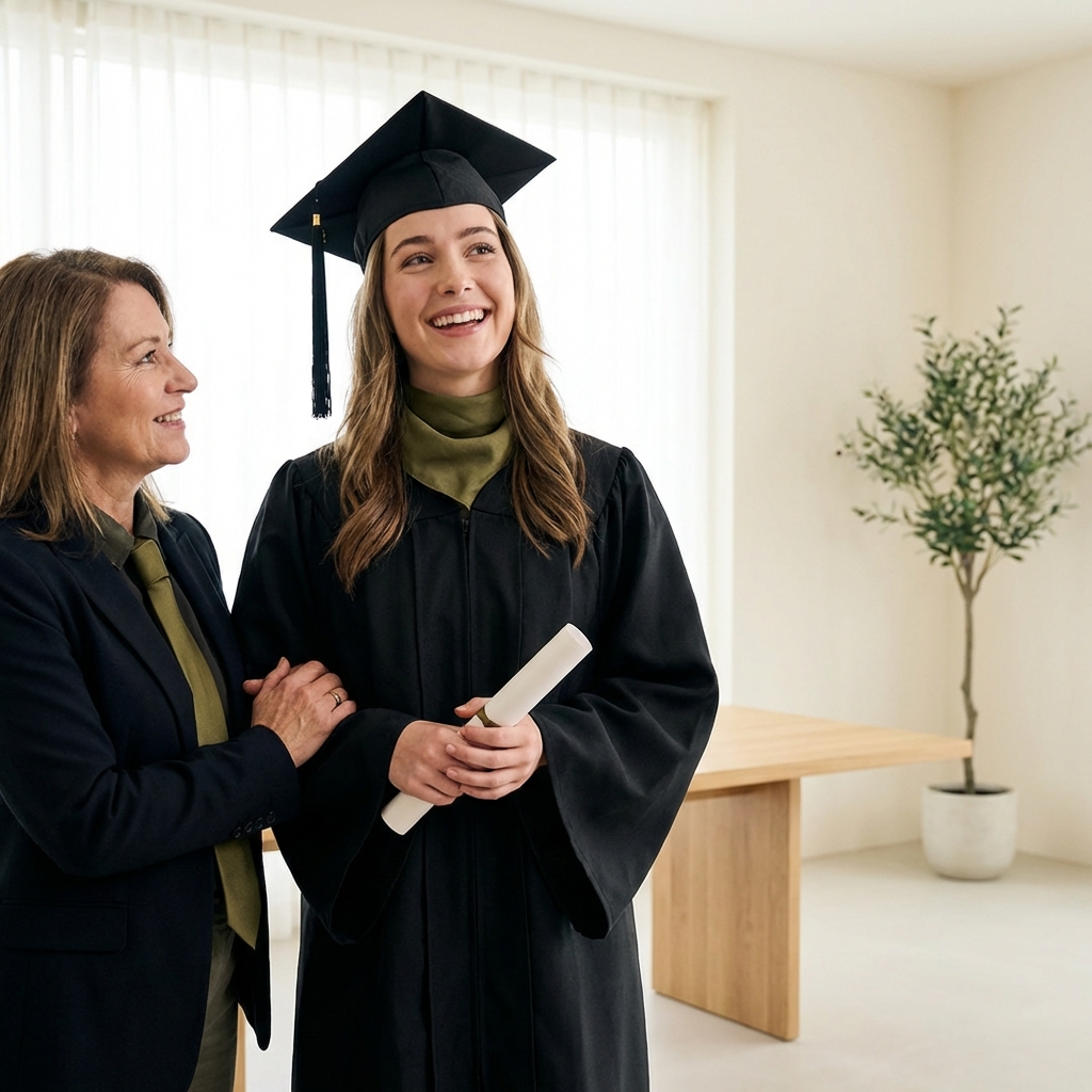Accomplished high school graduate celebrating success with supportive tutor