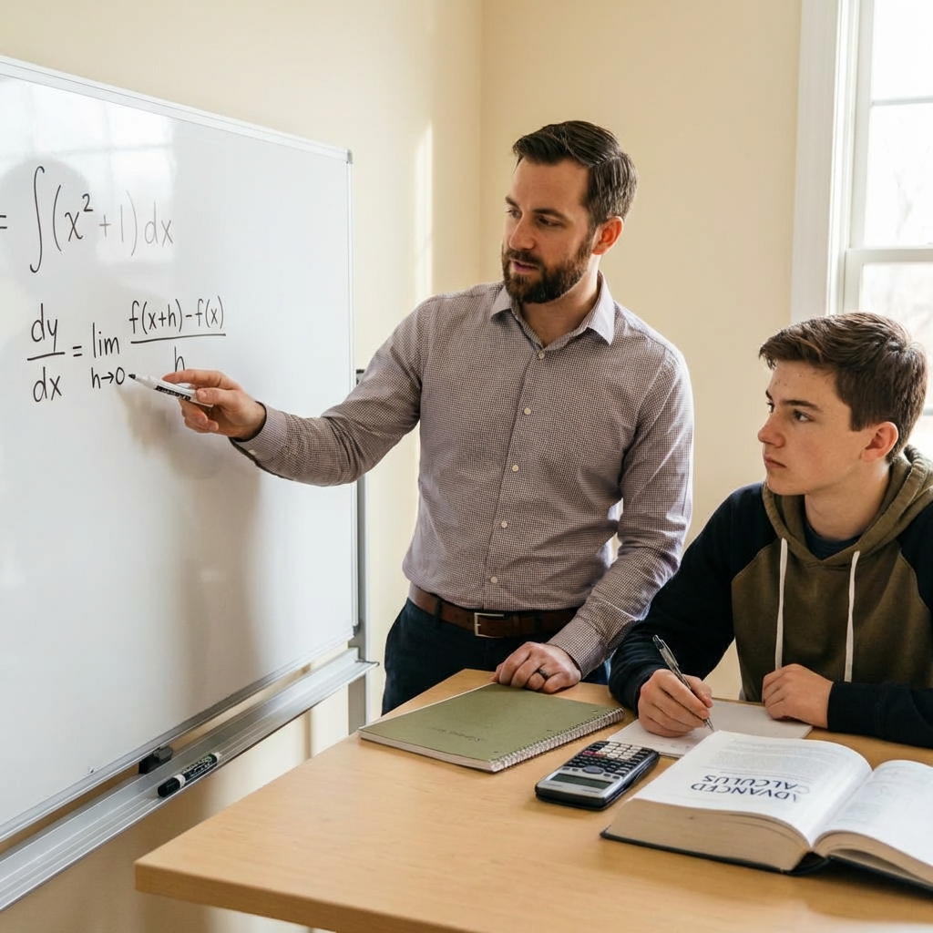 Tutor explaining calculus equations on whiteboard to focused high school student