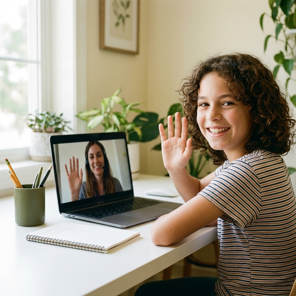 Student waving at camera during friendly online tutoring session with tutor on screen