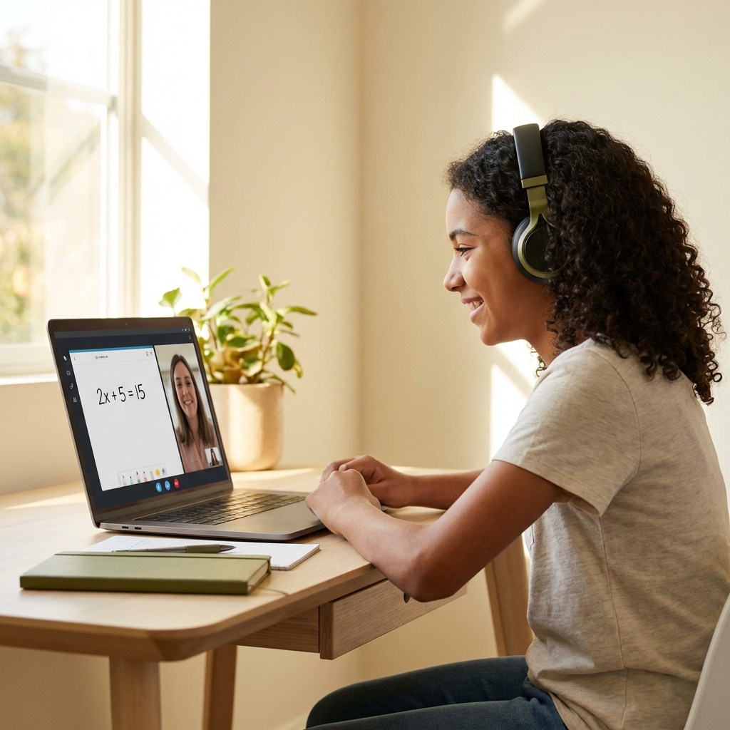 Student with headphones attending online tutoring session with tutor visible on laptop screen