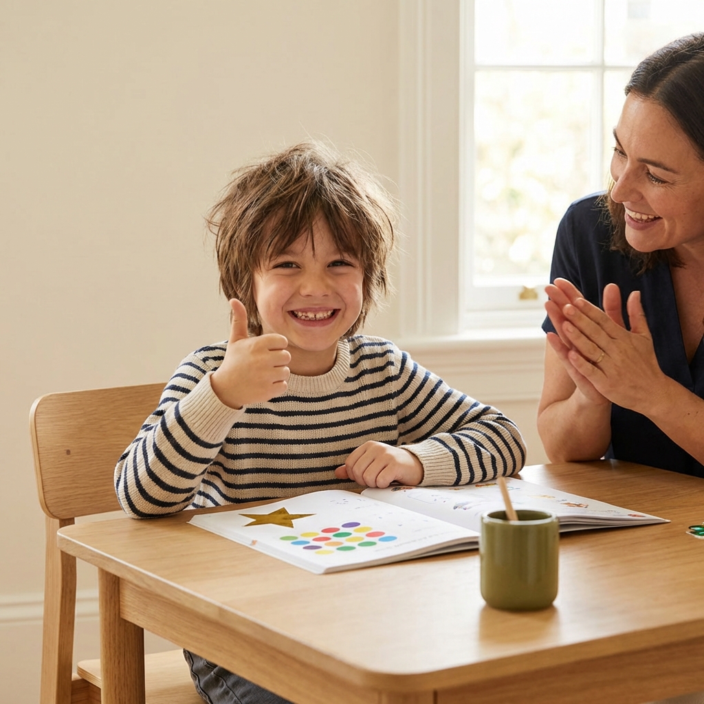 Happy young child giving thumbs up after successful tutoring session with supportive tutor