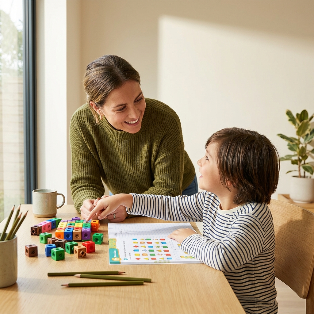 Friendly tutor helping young child with colorful math blocks and workbook in a bright learning environment