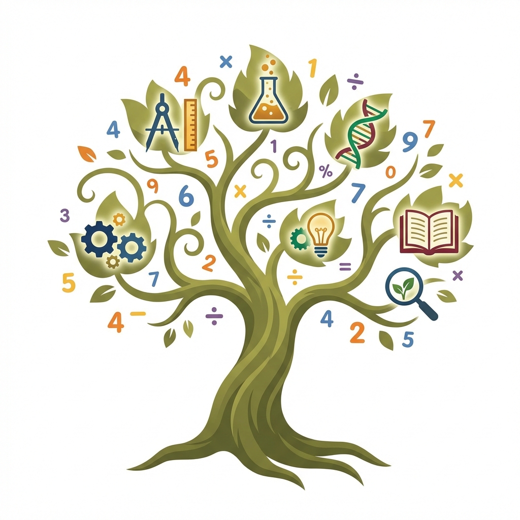 NUM8ERS educational programs tree with subjects including Math, Science, Physics, Chemistry, Biology, English