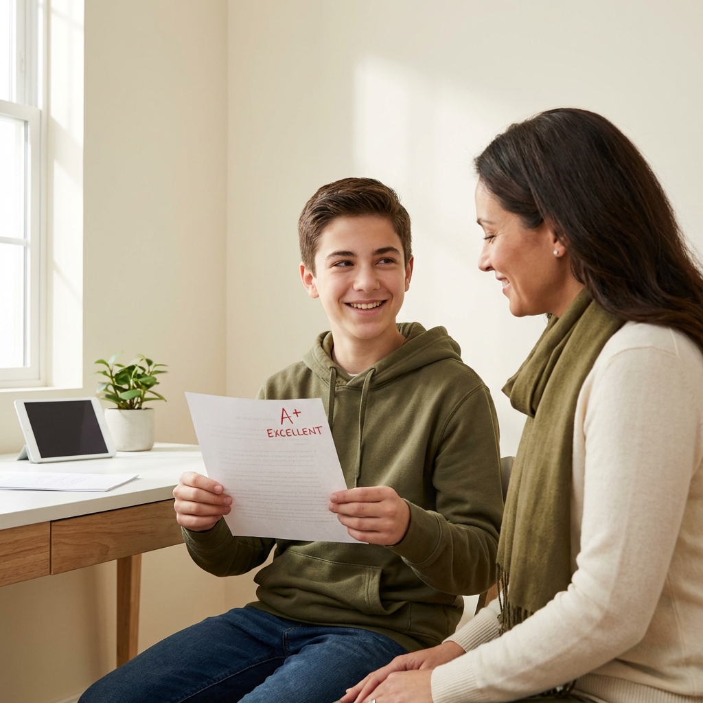 Proud teenage student holding excellent grade paper with supportive tutor