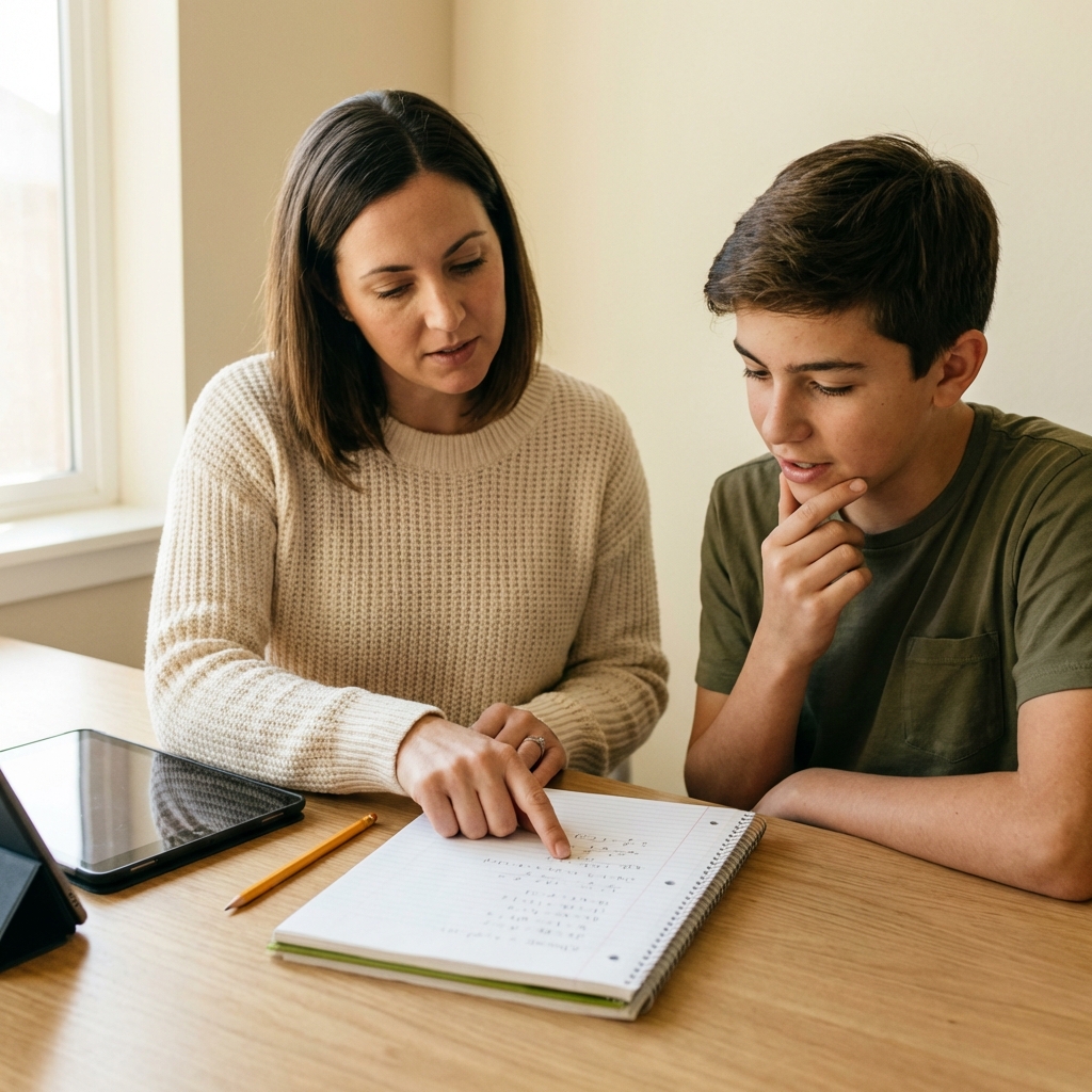 Tutor explaining math concepts to focused teenage student at a modern desk