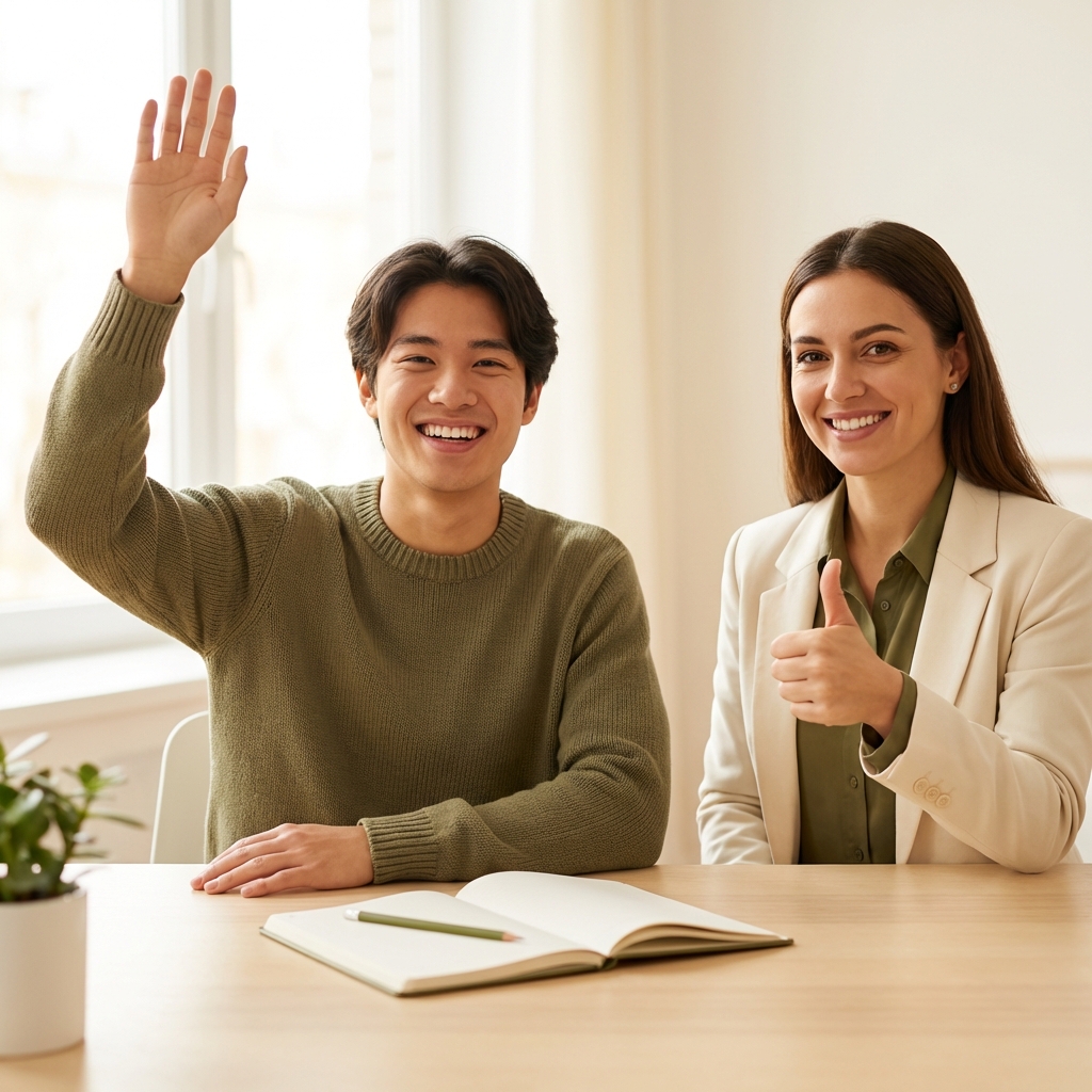 Happy student celebrating success with supportive tutor giving thumbs up