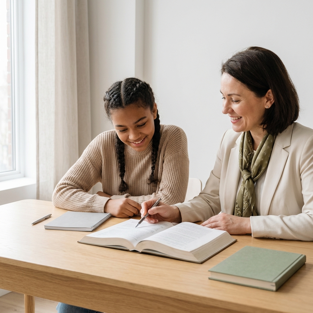 Tutor and student working together on math and science in a bright modern Dubai learning space with globe and notebooks