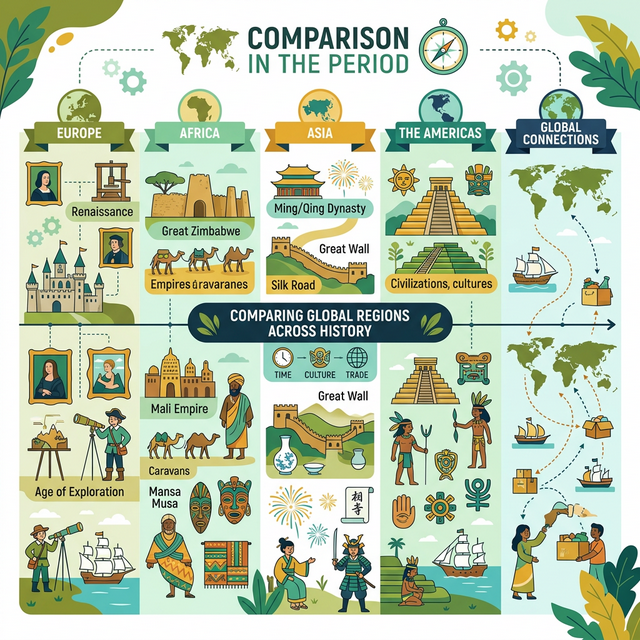 Concept illustration comparing different global regions in early world history