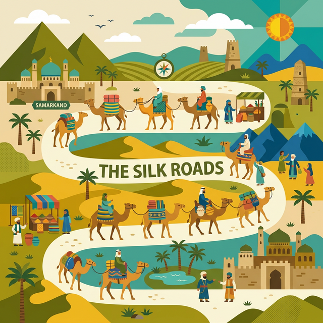Illustration of the Silk Roads with camels and desert caravans