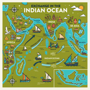 Illustration of maritime trade and dhow ships in the Indian Ocean