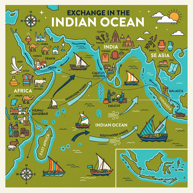 Illustration of maritime trade and dhow ships in the Indian Ocean